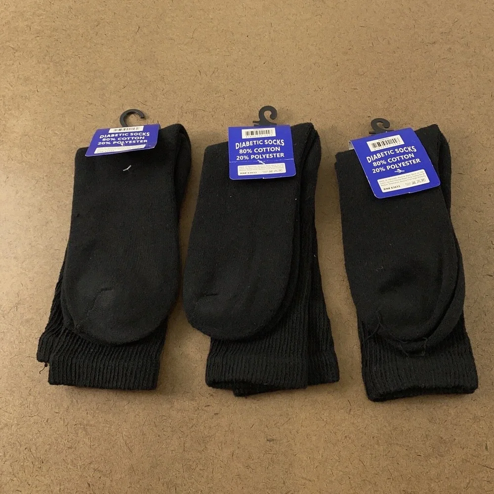 Men's Shoe Size 10-13 Black Loose Fit Top Diabetic Crew Socks 3 Pair NWT